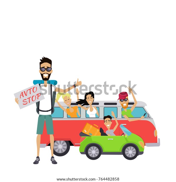 Auto\
traveling web banner. Flat style . Journey on car with friends.\
Hitch-hiking traveler. Smiling driver on cabriolet traveling with\
stuff. For summer vacation concepts, car rental\
ad