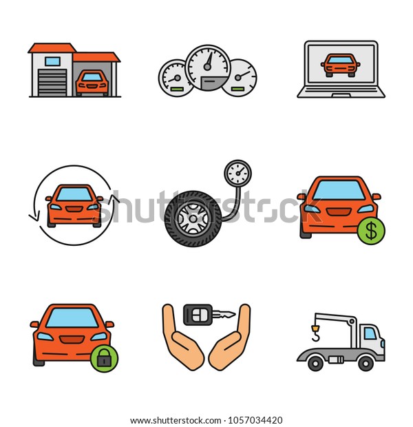 Auto workshop color icons set. Garage,\
dashboard, computer diagnostics, car with circle arrow, pressure\
gauge, auto buying, locked automobile, key in hands, tow truck.\
Isolated raster\
illustrations
