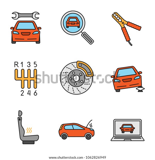 Auto workshop color icons set. Repair\
service, car searching, auto jumper, gear stick, disk brake, jack,\
heated seat, broken automobile, computer diagnostics. Isolated\
raster\
illustrations