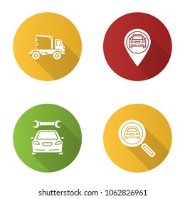 Auto Workshop Flat Design Long Shadow Glyph Icons Set. Tow Truck, Gps Navigation, Repair Service, Car Searching. Raster Silhouette Illustration