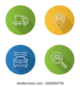 Auto Workshop Flat Linear Long Shadow Icons Set. Tow Truck, Gps Navigation, Repair Service, Car Searching. Raster Outline Illustration