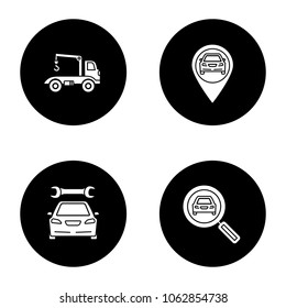 Auto Workshop Glyph Icons Set. Tow Truck, Gps Navigation, Repair Service, Car Searching. Raster White Silhouettes Illustrations In Black Circles