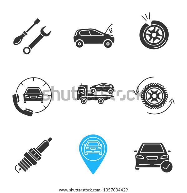 Auto workshop glyph icons set. Screwdriver\
and spanner, broken car, punctured tire, assistance, tow truck,\
wheel changing, spark plug, gps, total check. Silhouette symbol.\
Raster isolated\
illustration