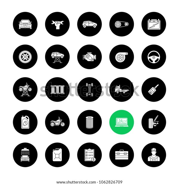 Auto workshop glyph icons set. Car service.\
Instruments, equipment and spare parts. Raster white silhouettes\
illustrations in black\
circles