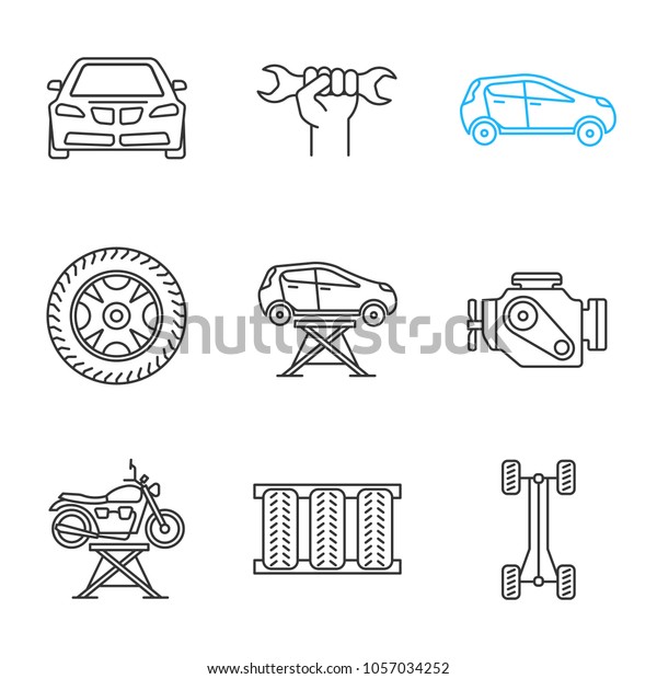 Auto
workshop linear icons set. Spanner in hand, tire and rim, car, auto
jack, engine, motorbike lift, chassis frame. Thin line contour
symbols. Isolated raster outline
illustrations