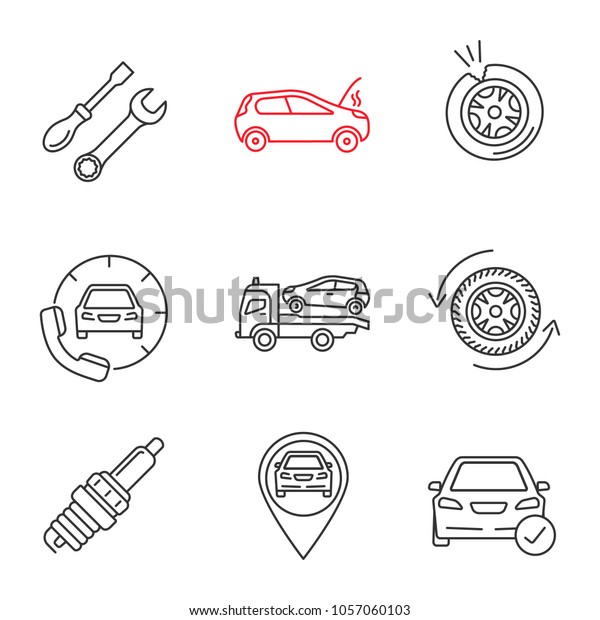 Auto workshop linear icons set. Repair\
service, broken car, tire puncture, assistance, tow truck, wheel,\
spark plug, gps, total check. Thin line contour symbols. Isolated\
raster outline\
illustrations