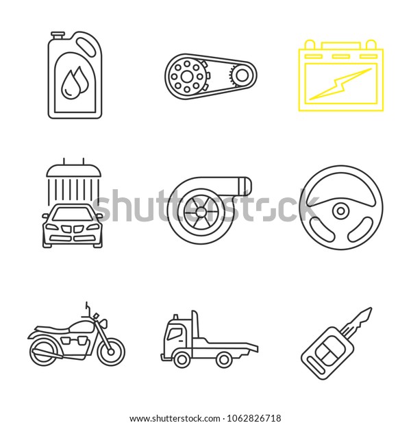 Auto workshop linear icons set. Motor oil,\
pulley, automotive battery, car washing, turbocharger, rudder,\
motorbike, tow truck, key. Thin line contour symbols. Isolated\
raster outline\
illustrations