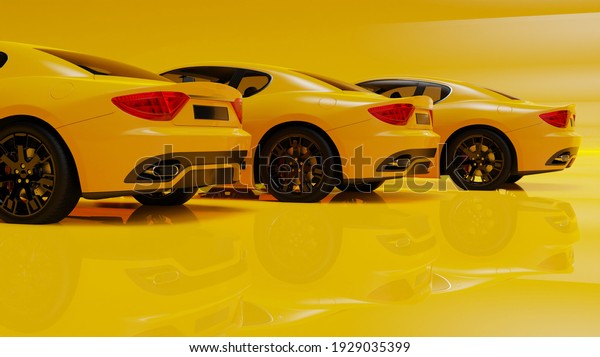auto yellow. 3d illustration of fragments of\
vehicles on a yellow\
background.