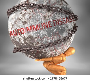 Autoimmune disease and hardship in life - pictured by word Autoimmune disease as a heavy weight on shoulders to symbolize Autoimmune disease as a burden, 3d illustration