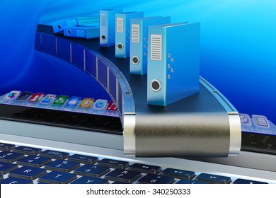 Automate electronic document management system and office workflow process concept, folders with data on conveyor belt from computer screen