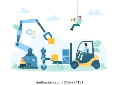 Automated factory warehouse with robots and AI service illustration. Cartoon tiny people and automatic robotic arm manage parcels and boxes, driver of forklift loading goods in packagings - Powered by Shutterstock