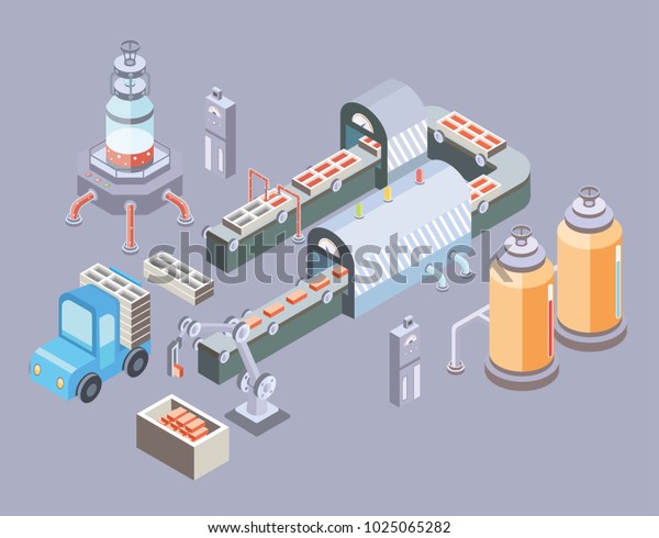 Automated production line. Factory floor with\
conveyor and various machines. Industrial illustration in isometric\
projection.
