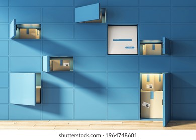Automated self-service blue terminal for goods storage ordered from online stores and card boxes in cells. 3D rendering