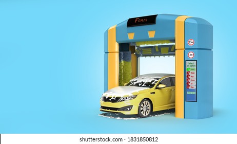 automatic car wash presentation concept car covered in foam inside robotic washer 3d render blue gradient