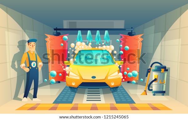  automatic car washing, service with cartoon\
character in box, yellow vehicle inside the garage. Cleaning\
transport by liquid detergent, brushes and working staff. Open\
washing room with\
worker