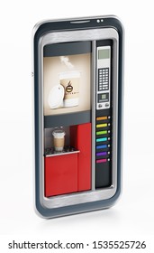 Automatic coffee machine inside smartphome screen. 3D illustration.