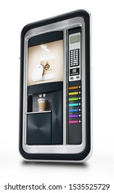 Automatic coffee machine inside smartphome screen. 3D illustration.