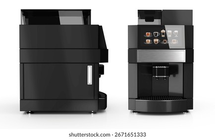 Automatic coffee machine on white background. Front view, side view. 3d illustration