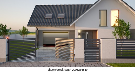 Automatisches Tor, Zaun, Fahrweg und modernes Einfamilienhaus mit Garage. 3D-Illustration 