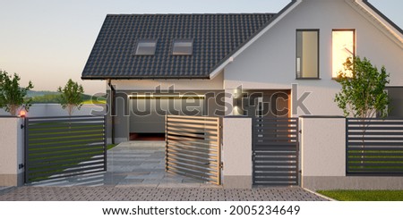 Automatic gate, fence, driveway and modern single family house with garage. 3D illustration  Stock foto © 