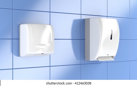 Automatic Paper Towel Dispenser And Hand Dryer In Public Toilet, 3D Illustration