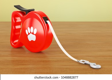 Automatic Retractable Traction Rope. Walking Lead Leash On The Wooden Table. 3D Rendering