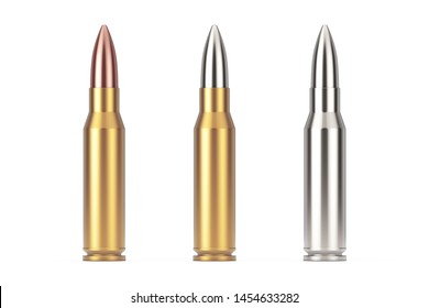 Automatic Rifles 7.62 mm Caliber Metal Bullet on a white background. 3d Rendering 