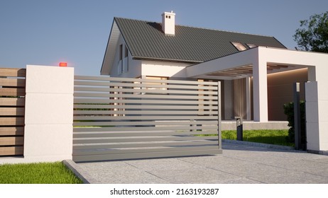 Automatic Sliding Gate And Modern House, 3d Illustration