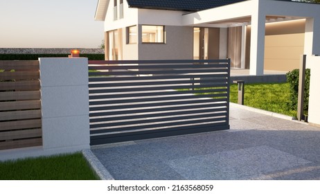 Automatic Sliding Gate And Modern House, 3d Illustration