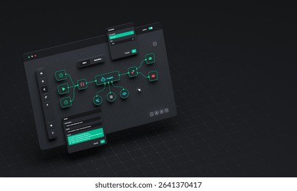  Automation artificial workflow  intelligence software interface nodes triggers data tool dashboard coding icon flow process technology 3d rendering.