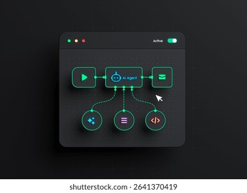  Automation artificial workflow  intelligence software interface nodes triggers data tool dashboard coding icon flow process technology 3d rendering.