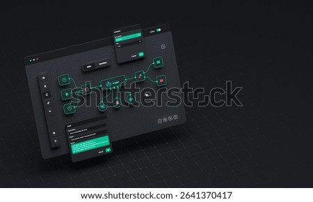  Automation artificial workflow  intelligence software interface nodes triggers data tool dashboard coding icon flow process technology 3d rendering.