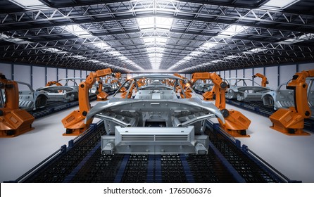 Automation aumobile factory concept with 3d rendering robot assembly line in car factory