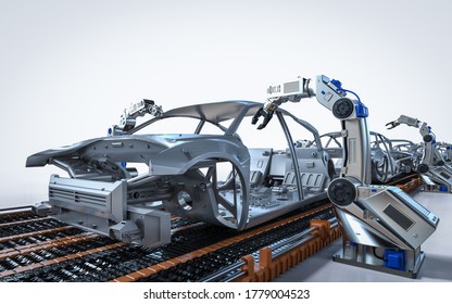 Automation Aumobile Factory Concept With 3d Rendering Robot Assembly Line In Car Factory