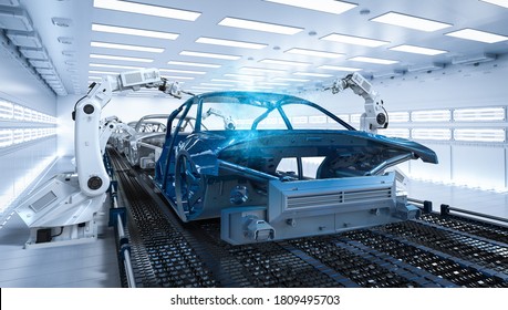 Automation aumobile factory concept with 3d rendering robot assembly line in car factory