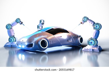 Automation aumobile factory concept with 3d rendering robot assembly line manufacture driverless car