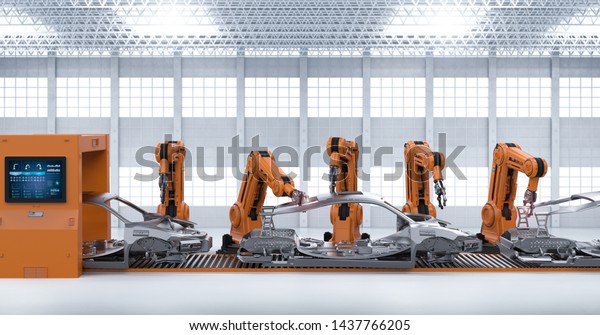 Automation aumobile factory concept with 3d\
rendering robot assembly line in car\
factory