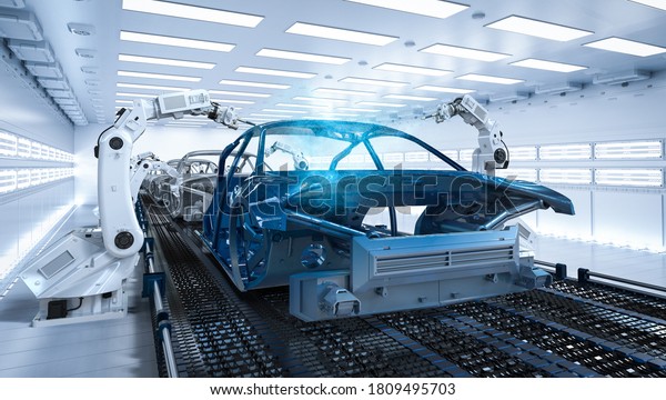 Automation aumobile factory concept with 3d
rendering robot assembly line in car
factory