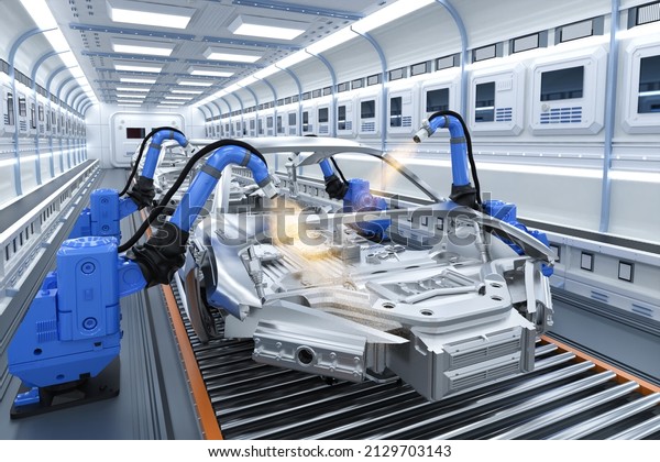 Automation automobile factory with 3d rendering\
robot airbrush painting in car\
factory