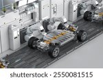 Automation automobile factory concept with 3d rendering robot assembly line with electric car battery cells module on platform