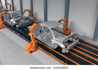 Automation Automobile Factory Concept With 3d Rendering Robot Assembly Line In Car Factory