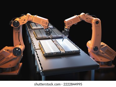 Automation Automobile Factory Concept With 3d Rendering Robot Assembly Line With Electric Car Battery Cells Module On Platform