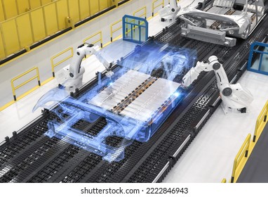 Automation Automobile Factory Concept With 3d Rendering Robot Assembly Line With Electric Car Battery Cells Module On Platform