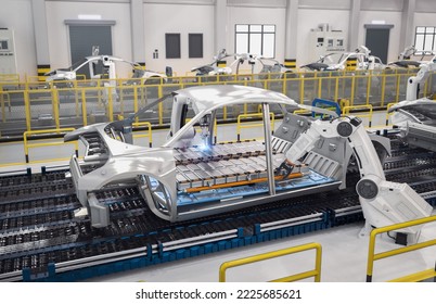 Automation Automobile Factory Concept With 3d Rendering Robot Assembly Line With Electric Car Battery Cells Module On Platform