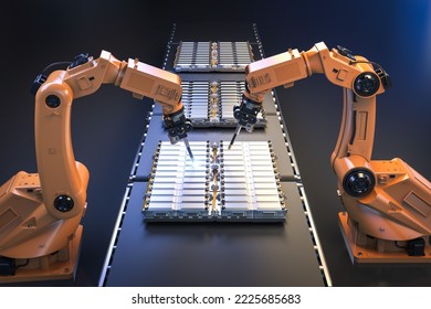 Automation Automobile Factory Concept With 3d Rendering Robot Assembly Line With Electric Car Battery Cells Module On Platform