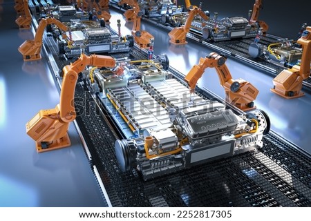 Automation automobile factory concept with 3d rendering robot assembly line with electric car battery cells module on platform ストックフォト © 