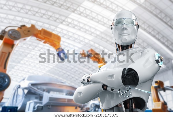 Automation automobile factory concept with 3d\
rendering robot assembly line with\
car