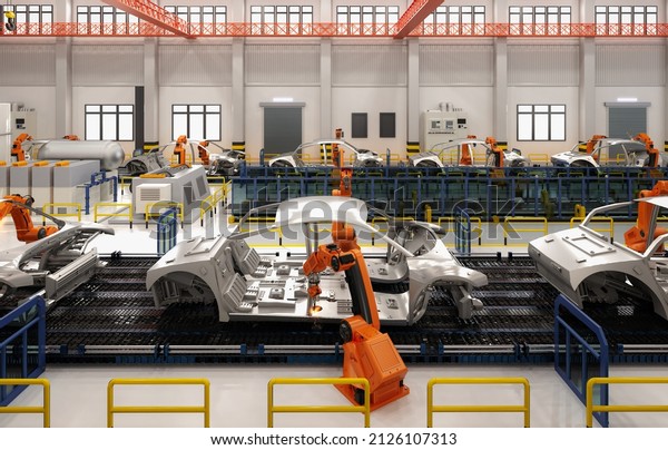 Automation automobile factory concept with 3d
rendering robot assembly line in car
factory