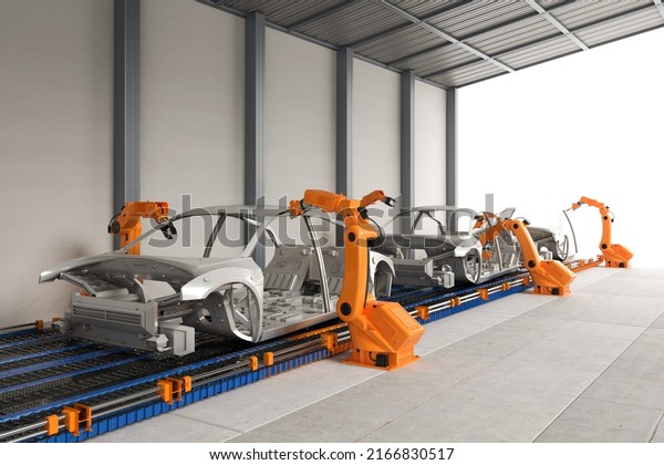 Automation automobile factory concept with 3d\
rendering robot assembly line in car\
factory