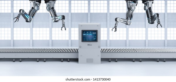 Automation factory concept with 3d rendering robot assembly line with empty conveyor belt